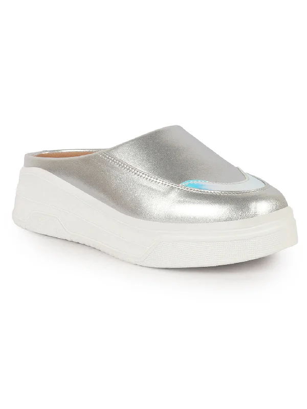 Women's casual canvas shoes for a laid - back look Women Silver Classic Height Enhancer Embellished Back Open Slip On Mule Shoes|All Season Casual Slip On Shoe Women's casual canvas shoes for a laid - back look Women Silver Classic Height Enhancer Embellished Back Open Slip On Mule Shoes|All Season Casual Slip On Shoe