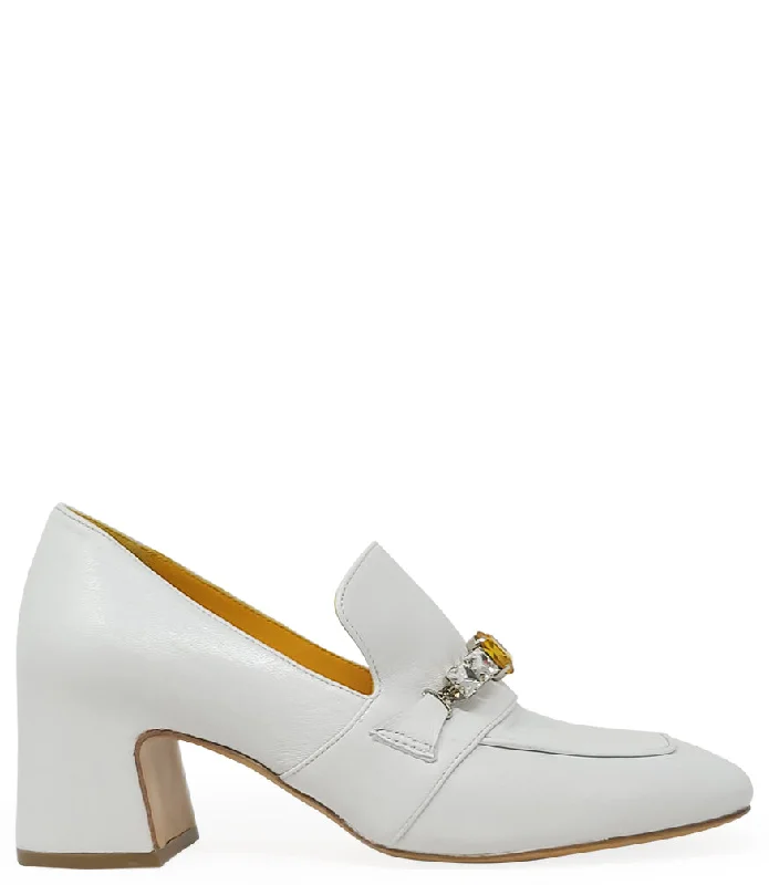 Women's Glitter - Embellished Loafers in Silver for a Sparkly Party Look White Leather Mid Heel Jeweled Loafer Women's Glitter - Embellished Loafers in Silver for a Sparkly Party Look White Leather Mid Heel Jeweled Loafer