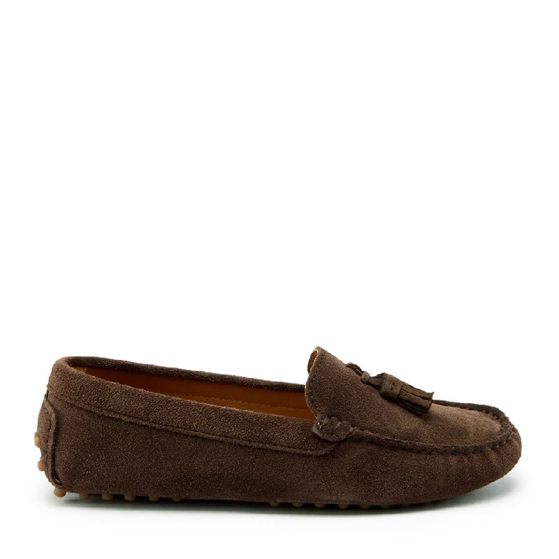Women's Tassel - Trimmed Loafers with a Low Heel in Olive Green for a Trendy Twist Women's Tasselled Driving Loafers, brown suede Women's Tassel - Trimmed Loafers with a Low Heel in Olive Green for a Trendy Twist Women's Tasselled Driving Loafers, brown suede