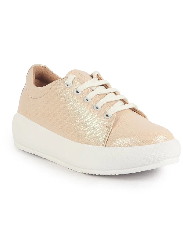 Women's casual shoes with glitter accents for a touch of glamour Women Beige Lightweight Height Enhancer Shiny Chunky Lace-Up Sneakers|Memory Cushion Insole|Evening Party Shoe Women's casual shoes with glitter accents for a touch of glamour Women Beige Lightweight Height Enhancer Shiny Chunky Lace-Up Sneakers|Memory Cushion Insole|Evening Party Shoe