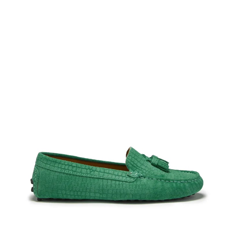Women's Metallic Foil - Finish Loafers in Gold for a Glamorous Night Out Women's Tasselled Driving Loafers, emerald embossed suede Women's Metallic Foil - Finish Loafers in Gold for a Glamorous Night Out Women's Tasselled Driving Loafers, emerald embossed suede