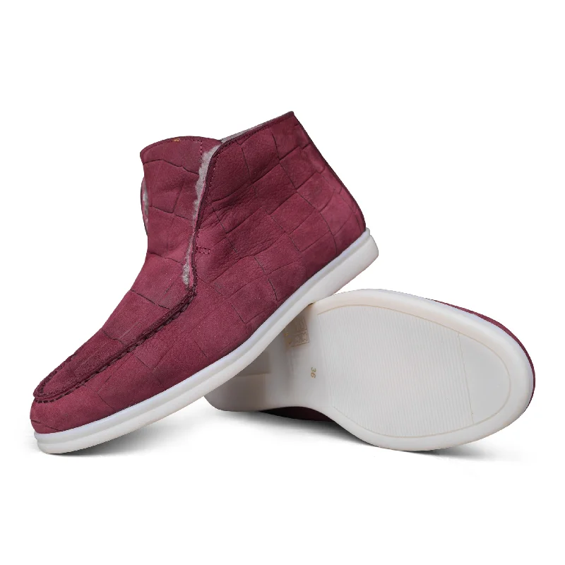 Women's Cashmere - Lined Loafers in Burgundy for Warmth in Winter 1020 - Burgundy Croc Faux Fur Women's Cashmere - Lined Loafers in Burgundy for Warmth in Winter 1020 - Burgundy Croc Faux Fur