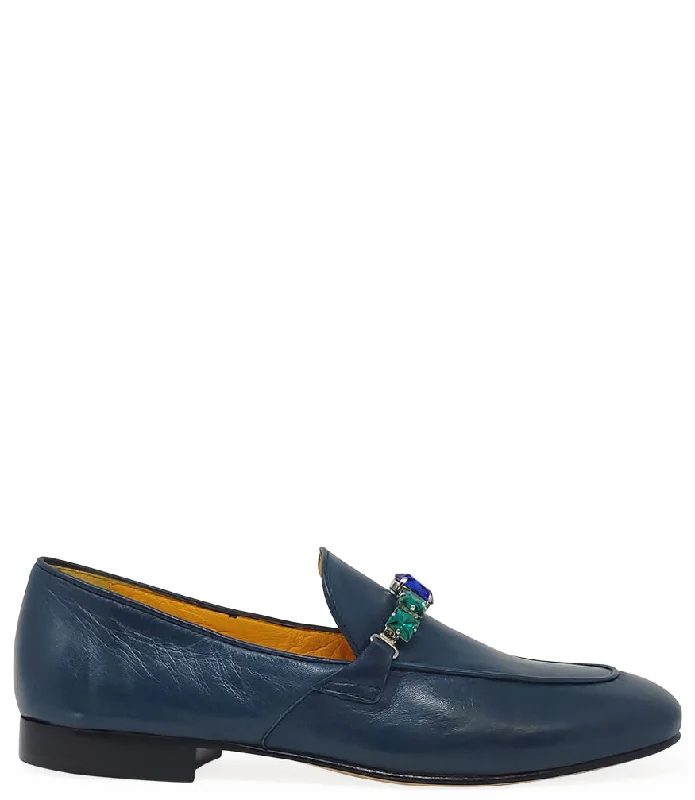 Women's Tassel - Trimmed Loafers with a Low Heel in Olive Green for a Trendy Twist Blue Leather Flat Jeweled Loafer Women's Tassel - Trimmed Loafers with a Low Heel in Olive Green for a Trendy Twist Blue Leather Flat Jeweled Loafer