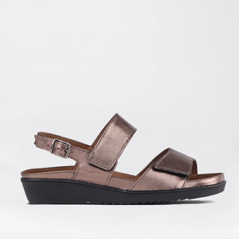 Child - Friendly Women's Sandals with a Secure Buckle in Purple for Moms on the Go2-Strap Sandal with Removable Footbed in Lead Metallic - 12655 Child - Friendly Women's Sandals with a Secure Buckle in Purple for Moms on the Go2-Strap Sandal with Removable Footbed in Lead Metallic - 12655