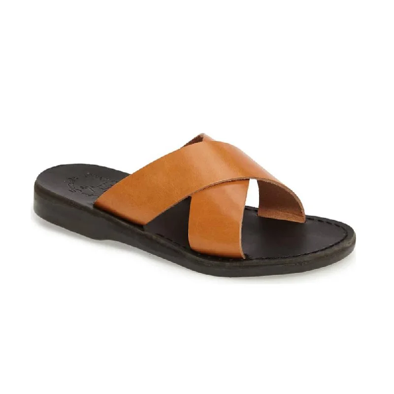 Women's Strappy Gladiator Sandals with Buckle Closures in Tan for a Boho LookElan - Leather Cross Strap Sandal | Black Tan