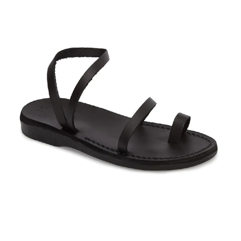 Elastic - Strap Women's Sandals with a Padded Toe in Teal for Easy On - and - OffElla - Leather Ankle Strap Flat Sandal | Black Elastic - Strap Women's Sandals with a Padded Toe in Teal for Easy On - and - OffElla - Leather Ankle Strap Flat Sandal | Black