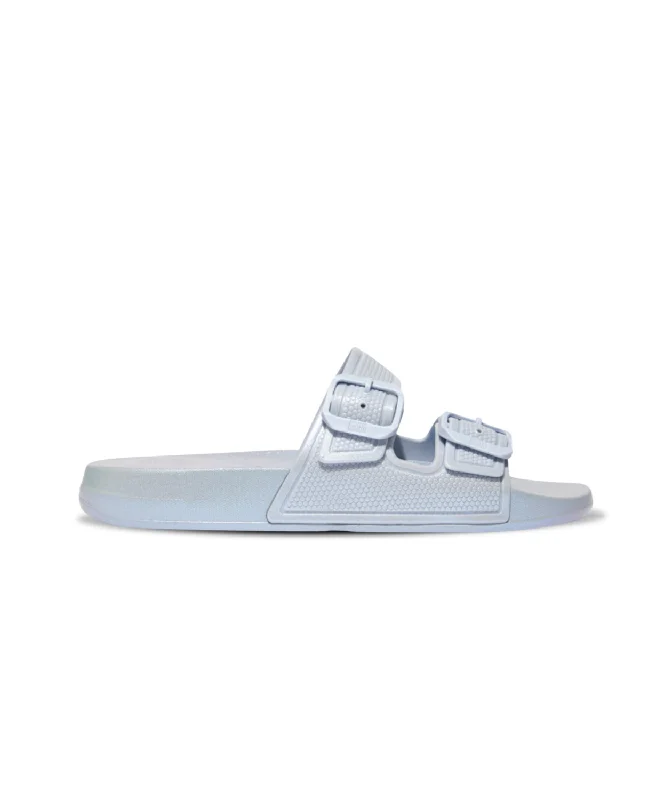 Sustainable Women's Recycled Material Sandals in Beige for Eco - Conscious ShoppersFitFlop iQushion Pearlized Two Bar Buckle Slides Blue Sustainable Women's Recycled Material Sandals in Beige for Eco - Conscious ShoppersFitFlop iQushion Pearlized Two Bar Buckle Slides Blue