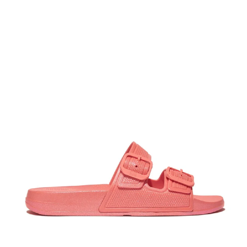 Anti - Slip Women's Sandals with a Grooved Sole in Green for Outdoor AdventuresFitFlop iQushion Pearlized Two Bar Buckle Slides Coral