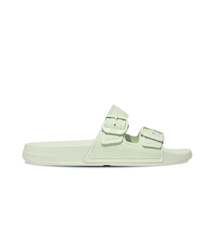 Women's Flat Slide Sandals with a Memory Foam Insole in White for All - Day ComfortFitFlop iQushion Two Bar Buckle Slides Sagebrush Women's Flat Slide Sandals with a Memory Foam Insole in White for All - Day ComfortFitFlop iQushion Two Bar Buckle Slides Sagebrush