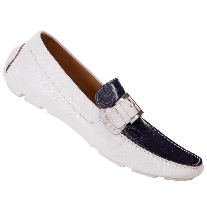 Slip - on men's loafers for easy wearMauri 9133/1 White/Blue Genuine Ostrich Leg/Ostrich Loafer Shoes
