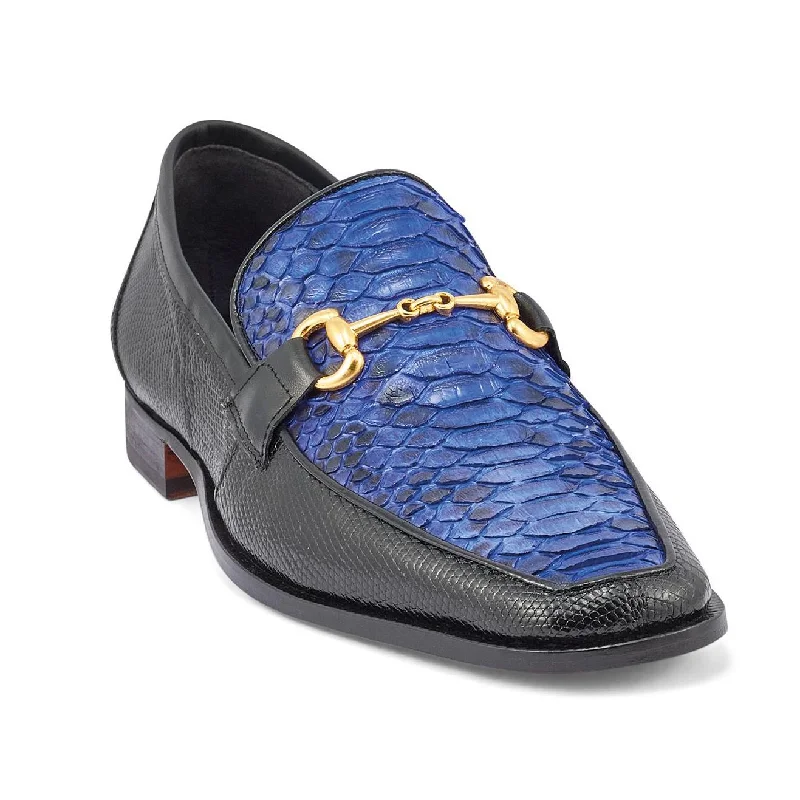 Men's loafers with a removable insole for cleaningMauri Priest Black/Royal Blue Genuine Iguana/Python Horsebit Loafer Shoes 4800/2