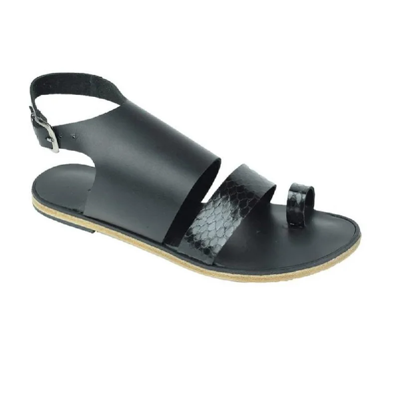 Elastic - Strap Women's Sandals with a Padded Toe in Teal for Easy On - and - OffMelrose Avenue - Toe Loop With Snake Skin Leather Sandal | Black Elastic - Strap Women's Sandals with a Padded Toe in Teal for Easy On - and - OffMelrose Avenue - Toe Loop With Snake Skin Leather Sandal | Black