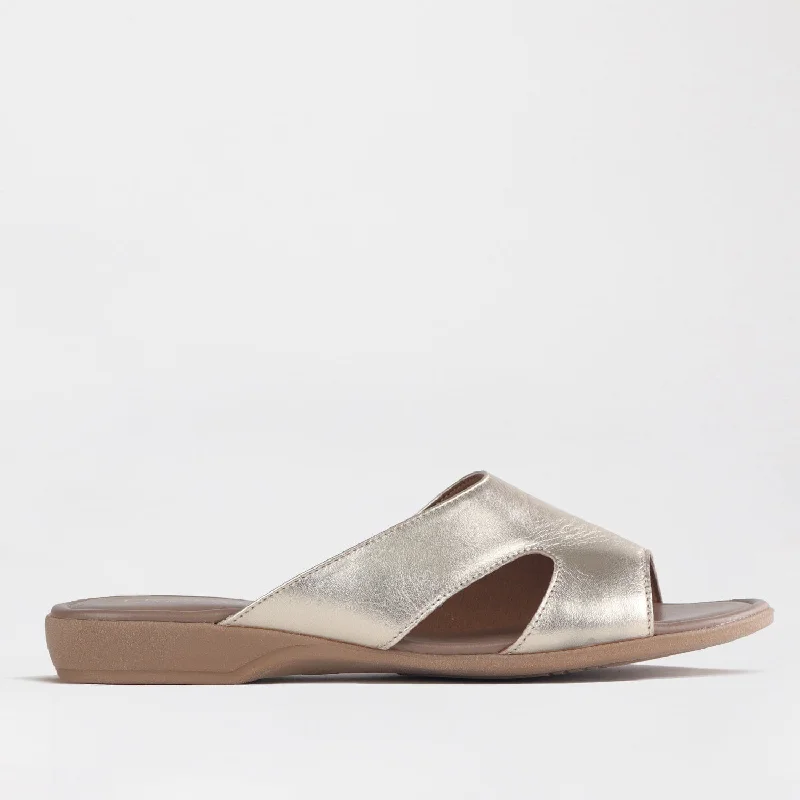 Women's Flat Slide Sandals with a Memory Foam Insole in White for All - Day ComfortMule Flat Sandal Gold- 12407 Women's Flat Slide Sandals with a Memory Foam Insole in White for All - Day ComfortMule Flat Sandal Gold- 12407