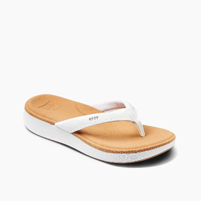 Women's Flat Slide Sandals with a Memory Foam Insole in White for All - Day ComfortReef Cushion Cloud Sandal-White/Tan Women's Flat Slide Sandals with a Memory Foam Insole in White for All - Day ComfortReef Cushion Cloud Sandal-White/Tan