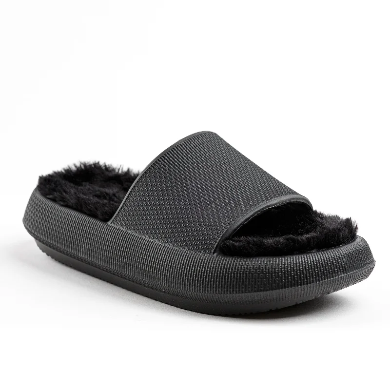 Women's Flat Slide Sandals with a Memory Foam Insole in White for All - Day ComfortCloud Slides Slippers | Black Women's Flat Slide Sandals with a Memory Foam Insole in White for All - Day ComfortCloud Slides Slippers | Black