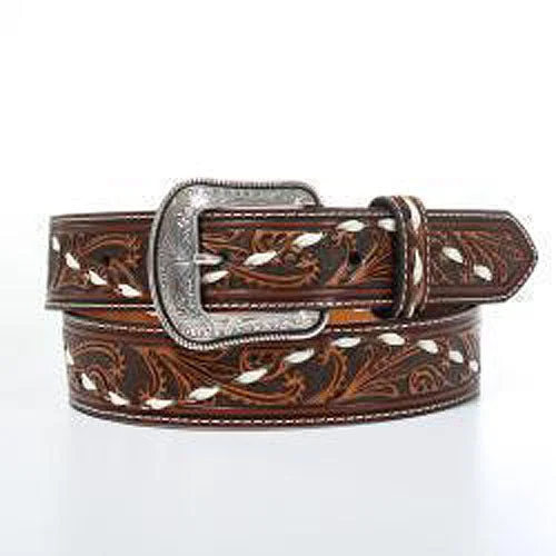 women's moto boots with studs3-D Brown Floral Tooled Belt with White Buck Stitch Lace Accent