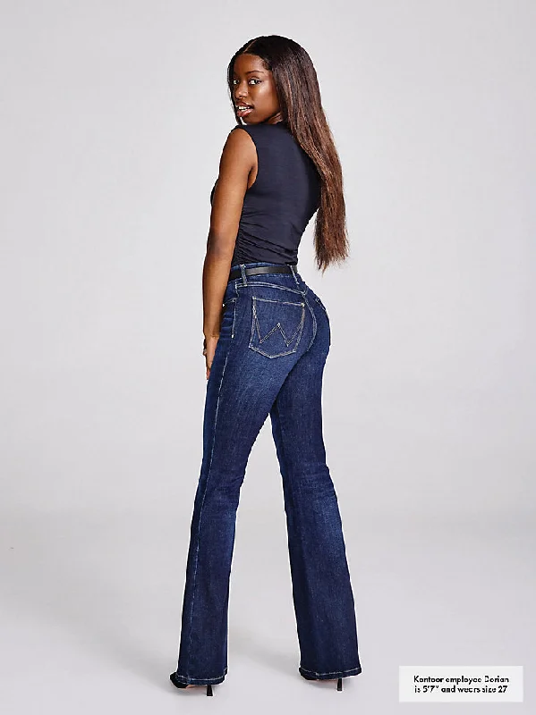 women's zippered moto bootsBespoke Women's Extra Stretch Flare Darkwash