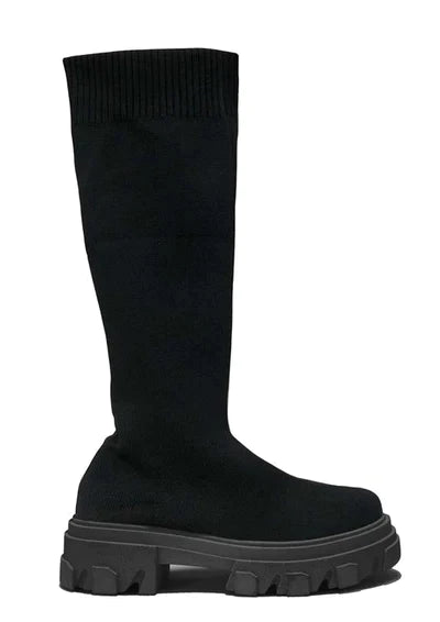Women's non - slip chunky boots for safetyCLAUDIA BLACK CHUNKY SOLE KNIT SOCK KNEE HIGH BOOTS Women's non - slip chunky boots for safetyCLAUDIA BLACK CHUNKY SOLE KNIT SOCK KNEE HIGH BOOTS