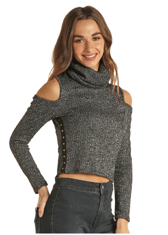 women's vintage western bootsFinal Sale ✨Mya Metallic Charcoal Cold Shoulder Women's Top women's vintage western bootsFinal Sale ✨Mya Metallic Charcoal Cold Shoulder Women's Top