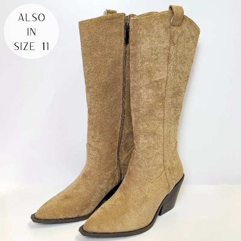 Women's tall boots with a stacked heel and fur trimCorky's | Howdy Western Stitch Boots in Camel Suede Women's tall boots with a stacked heel and fur trimCorky's | Howdy Western Stitch Boots in Camel Suede