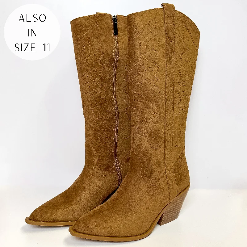 Women's adjustable - strap tall boots for a customized fitCorky's | Howdy Western Stitch Boots in Cognac Suede Women's adjustable - strap tall boots for a customized fitCorky's | Howdy Western Stitch Boots in Cognac Suede