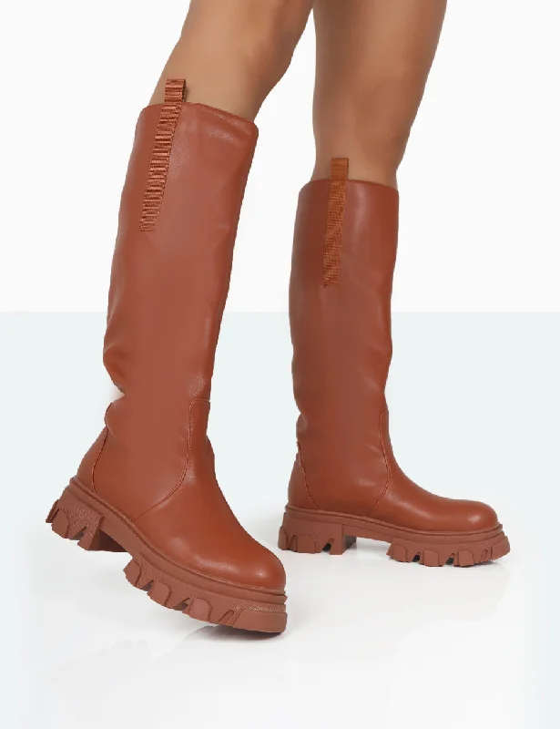 Women's chunky boots with a rhinestone embellishmentGenius Tabacco Tan Pu Knee High Chunky Sole Boots Women's chunky boots with a rhinestone embellishmentGenius Tabacco Tan Pu Knee High Chunky Sole Boots