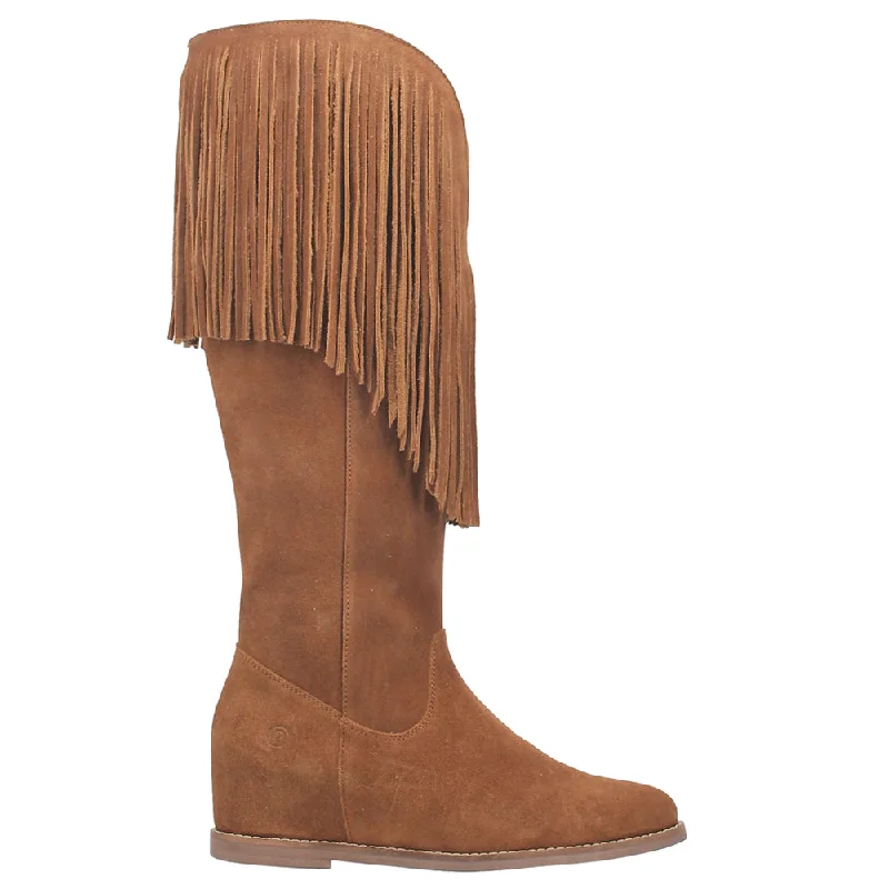Women's red faux leather tall boots with silver studsHassie Fringe Round Toe Wedge Pull On Boots
