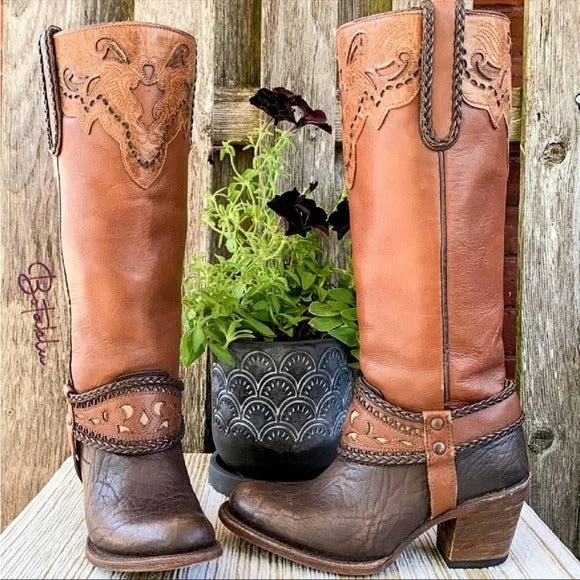 Women's tall boots with a leather - and - mesh combinationINDOMABLES Harness Tooled Braided Brown Leather Tall Cowgirl Western Boots Women's tall boots with a leather - and - mesh combinationINDOMABLES Harness Tooled Braided Brown Leather Tall Cowgirl Western Boots