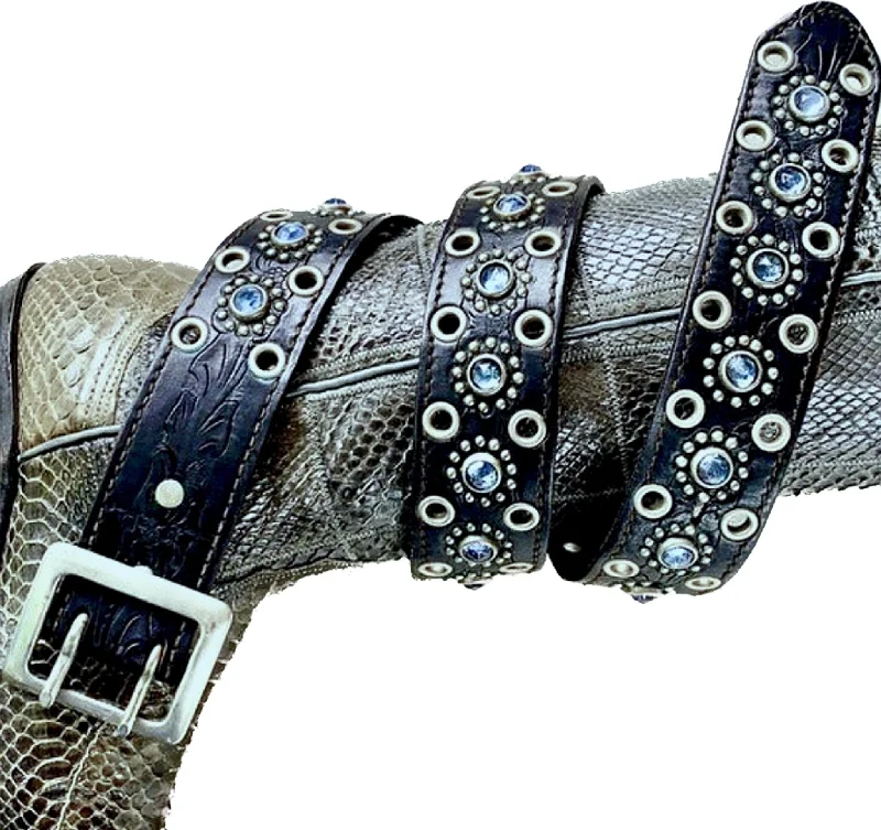 women's western boots for festivalsJO-ED Tooled Black Leather Blue Crystal Studded Belt