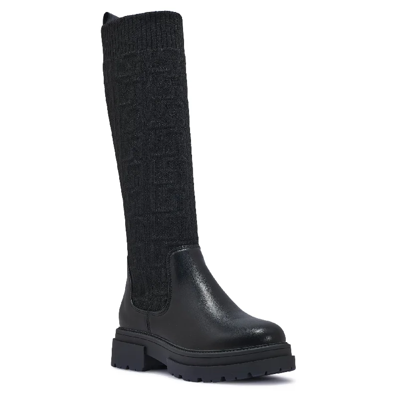 Women's breathable chunky boots to prevent sweatingKELLIE BLACK KNIT KNEE HIGH BIKER BOOTS