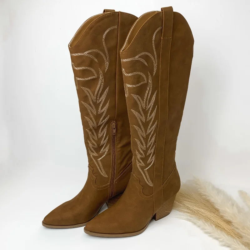 Women's tall boots with a sequined - panel insertRodeo Ready Knee High Western Stitch Boots in Camel Brown Women's tall boots with a sequined - panel insertRodeo Ready Knee High Western Stitch Boots in Camel Brown