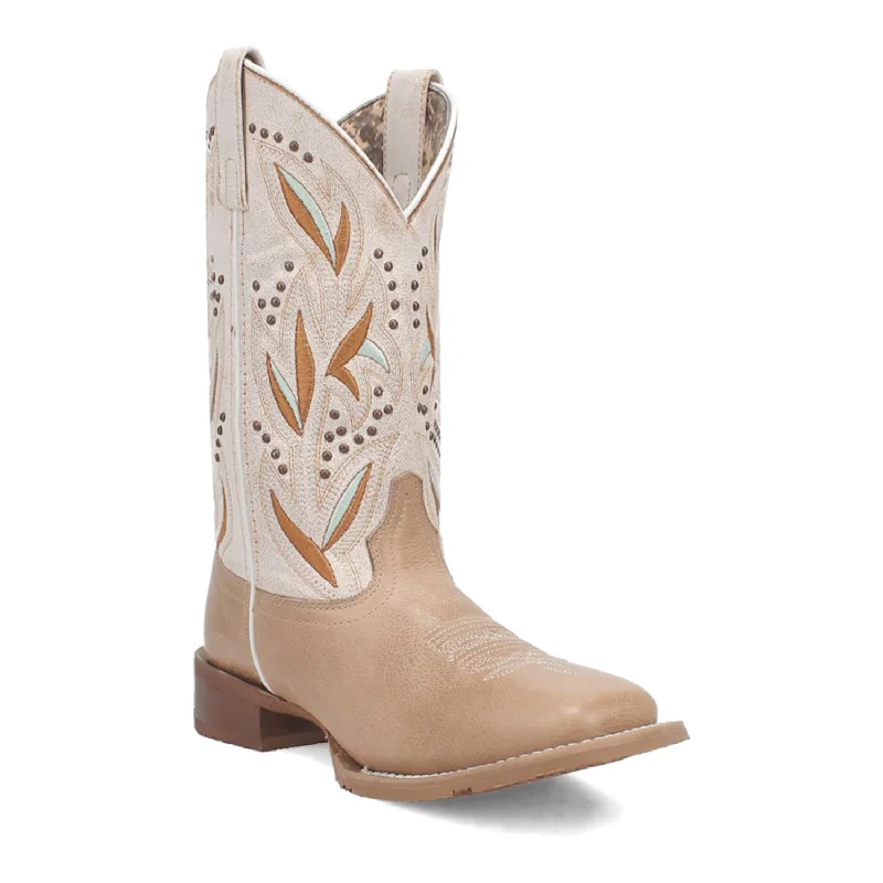 women's moto boots with wide calfWomen's Laredo Sand/White Lydia Broad Square Toe Western Boots With Embroidered & Nail Head Accents on the Tops