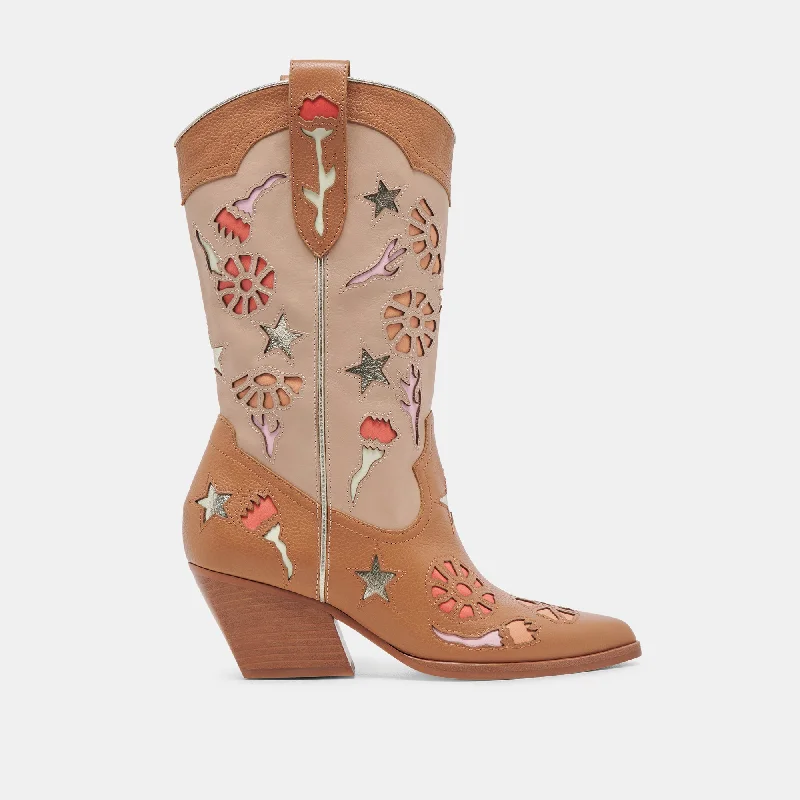 women's booties with embroideryLASSIE BOOTS TAN MULTI LEATHER
