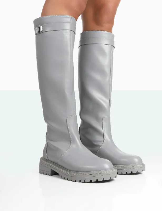 Women's chunky boots with a cut - out designMore Fun Wide Fit Grey Pu Round Toe Chunky Sole Knee High Boots