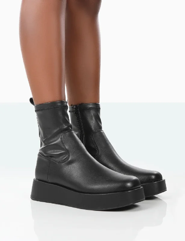 Women's chunky boots with a fur pom - pomNot Okay Black Pu Chunky Sole Platform Sock Ankle Boots