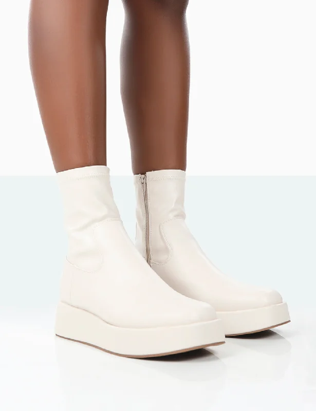 Women's chunky boots with a chain detailNot Okay Ecru Pu Chunky Sole Platform Sock Ankle Boots Women's chunky boots with a chain detailNot Okay Ecru Pu Chunky Sole Platform Sock Ankle Boots