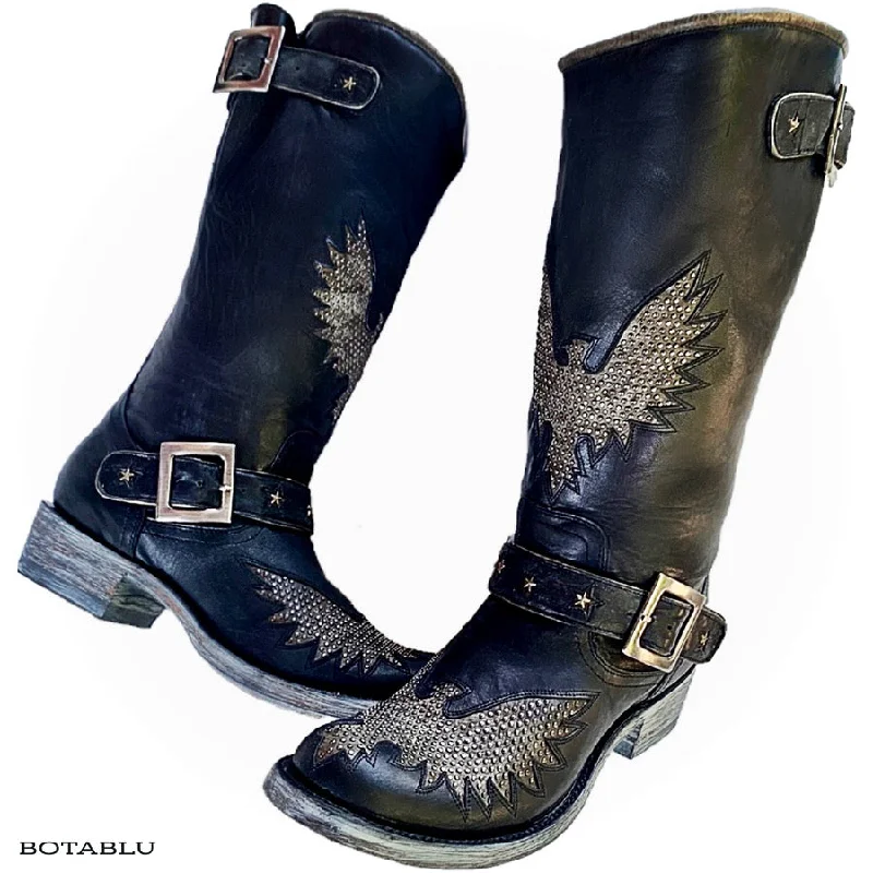 Women's gray metallic tall boots for a futuristic styleOLD GRINGO Biker Iron Eagle Harness Black Moto Cowgirl Cowboy Western Boots