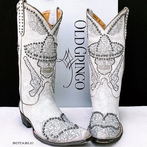 Women's tall boots with a chain - detailed ankleOLD GRINGO L&L White Skull Studded Sombrero Pistol Gun Cowgirl Western Boots Women's tall boots with a chain - detailed ankleOLD GRINGO L&L White Skull Studded Sombrero Pistol Gun Cowgirl Western Boots