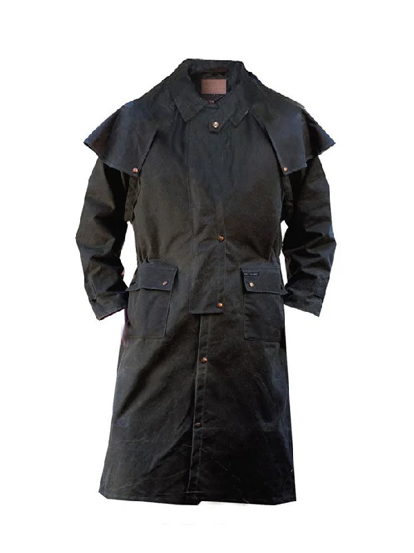 women's over-the-knee moto bootsOutback Trading Company 2042-BLK Oilskin Low Rider Duster Black