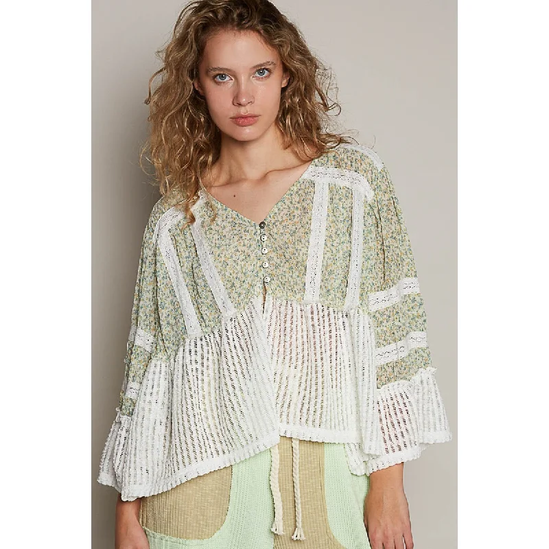 women's western boots with block heelPOL Women's Green Floral Oversized Top with Crochet Trim