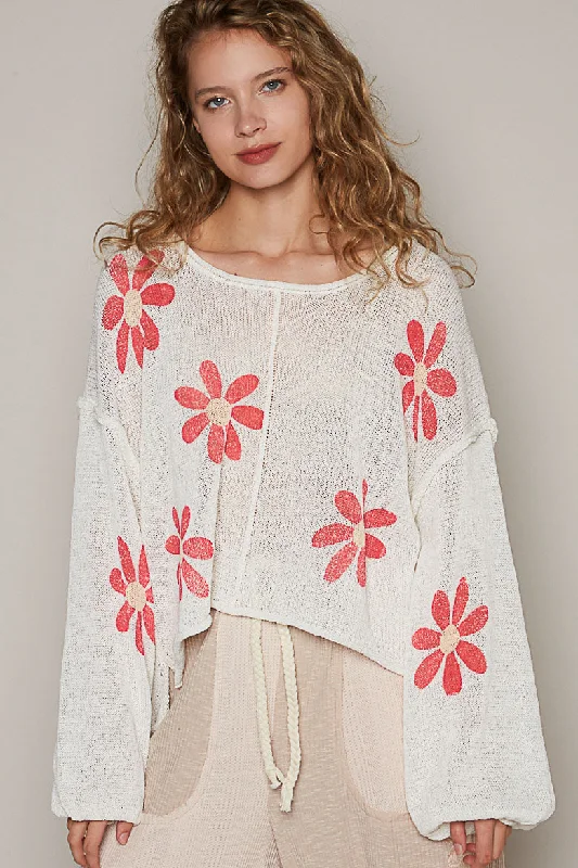 women's moto boots for winterPOL Women's Ivory and Red Floral Print Sweater Top