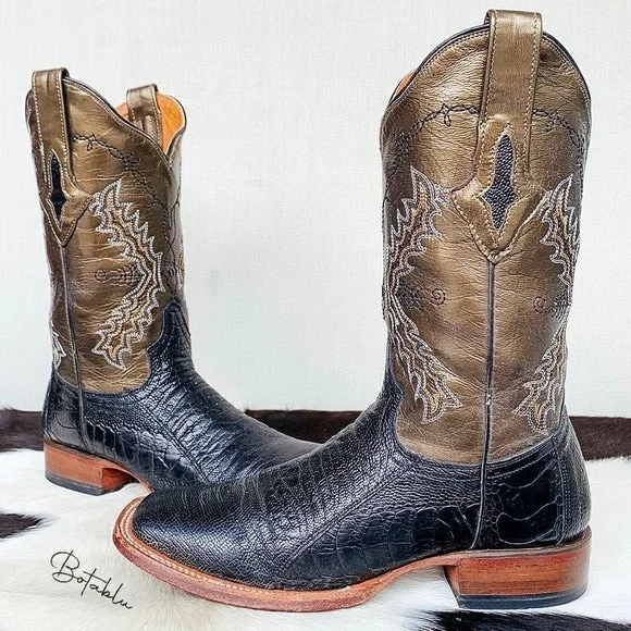 Women's moisture - wicking tall boots to keep feet dryRESISTOL RANCH LUCCHESE Ostrich Square Toe Black Metallic Cowgirl Cowboy Western Boots