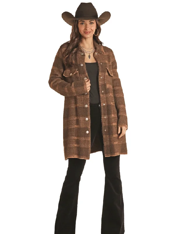 women's biker boots with harnessRock & Roll Denim BW92C02724 Womens Plaid Knit Coat Dark Brown