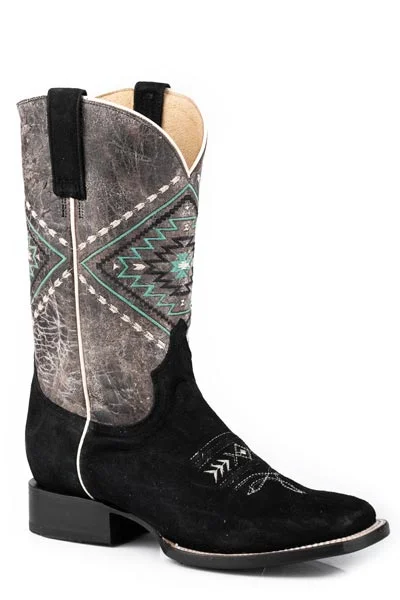 women's western boots for workRoper Footwear Ladies Black Suede Cheyenne Broad Square Toe Boots with Grey Southwest Embroidered Tops women's western boots for workRoper Footwear Ladies Black Suede Cheyenne Broad Square Toe Boots with Grey Southwest Embroidered Tops