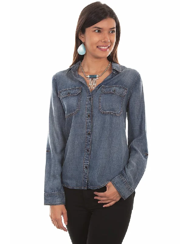 women's western boots with block heelScully HC473 Womens Button-Up Long Sleeve Blouse Denim