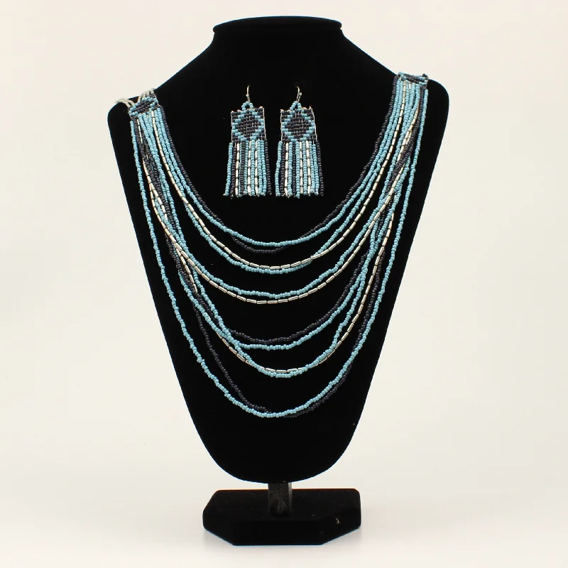 women's combat-style moto bootsSilver Strike Light Blue/White/Navy Layered Beads Necklace & Earring Set
