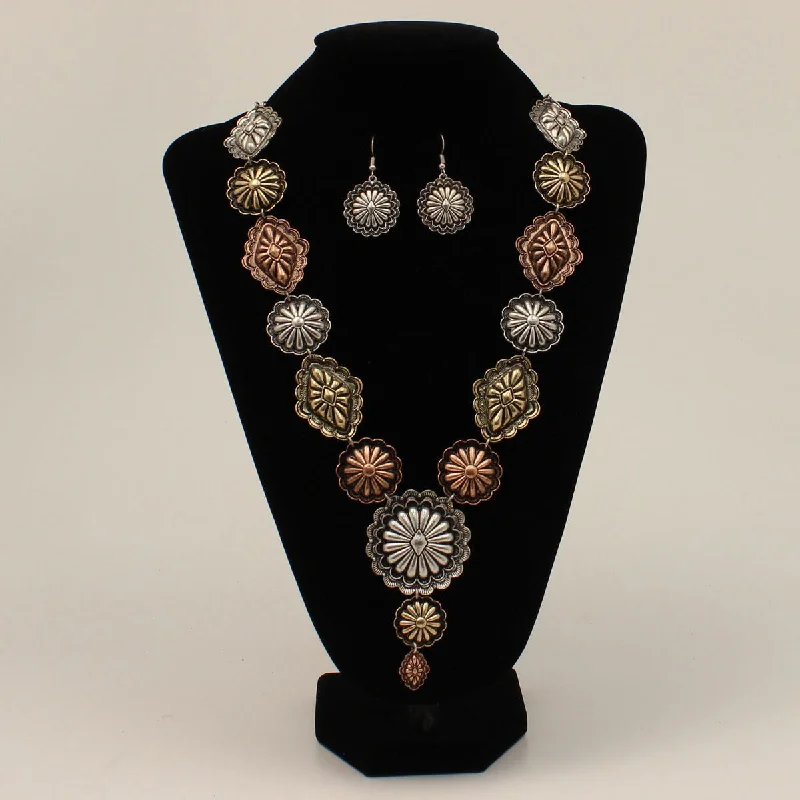 women's snake print western bootsSilver Strike Silver/Gold/Copper Concho Necklace & Earring Set