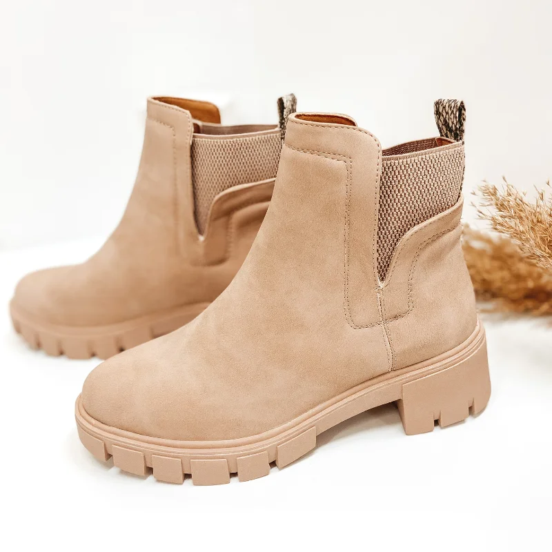 women's waterproof bootiesSeason Premiere Slip On Chunky Heel Booties in Nude