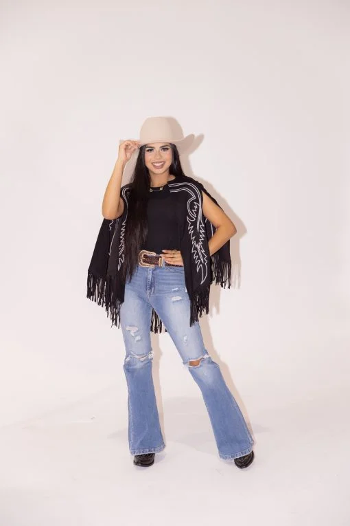 women's western boots with metallic finishesSyeda L&B Black Stitched Poncho