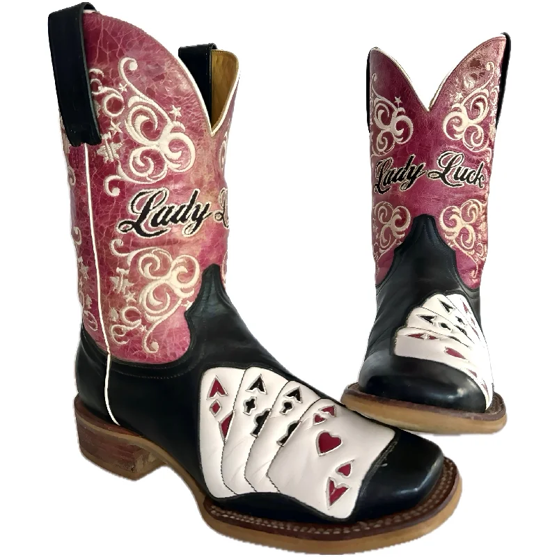 Women's tall boots with a geometric - printed shaftTIN HAUL Lady Luck Poker Aces Square Toe Cowgirl Western Boots Women's tall boots with a geometric - printed shaftTIN HAUL Lady Luck Poker Aces Square Toe Cowgirl Western Boots